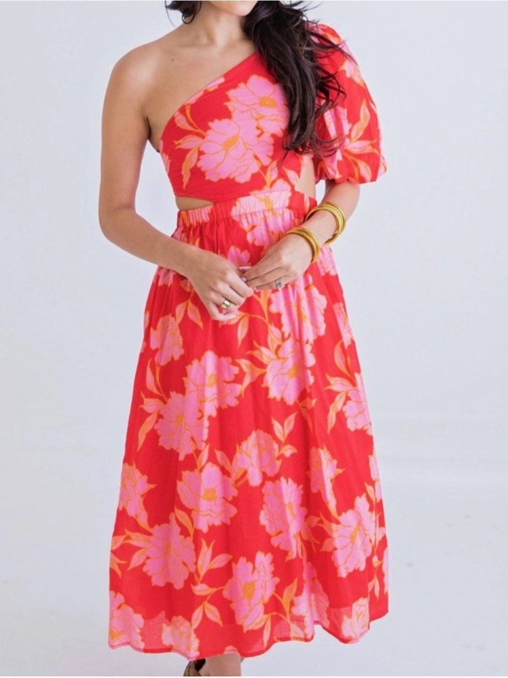 🌟 Karlie One-Shoulder Red Floral Midi Dress Pink Blooms Size Medium